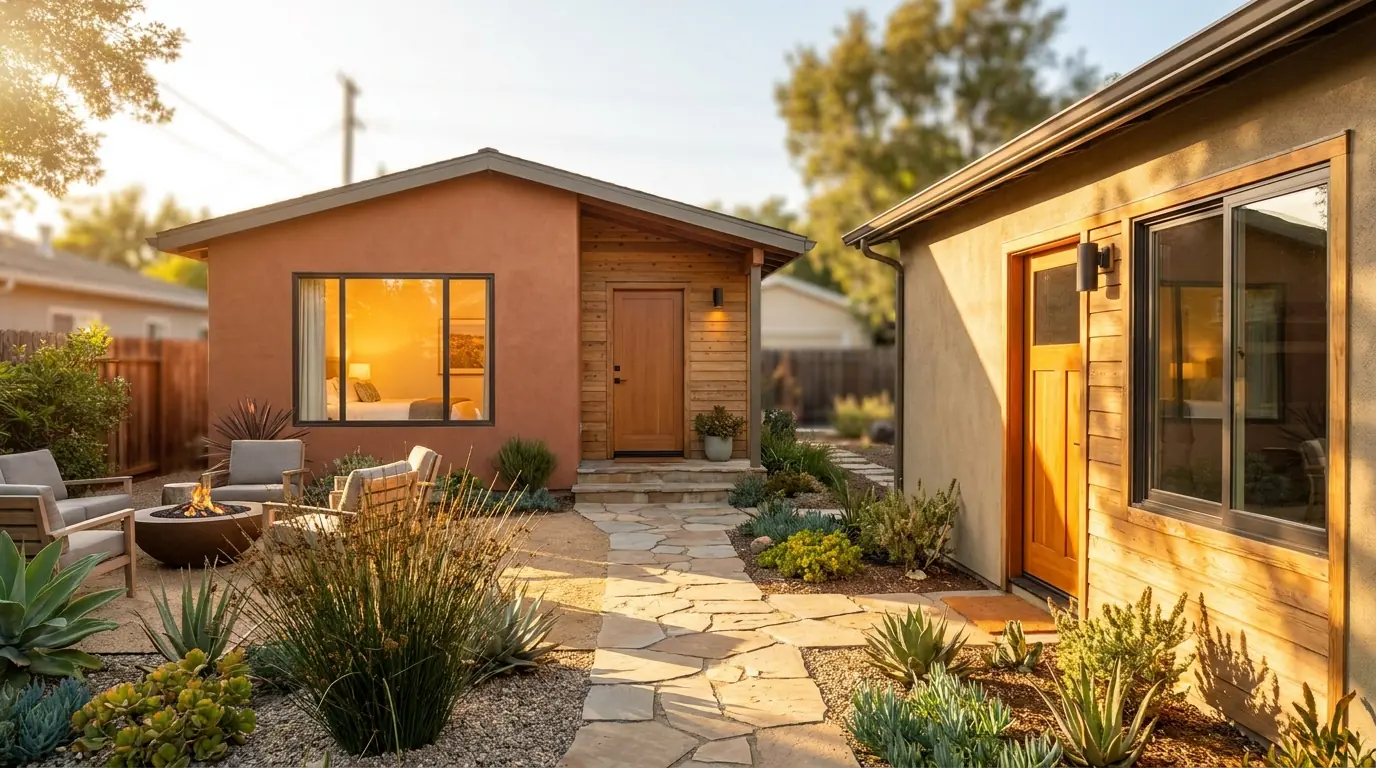 A small detached backyard ADU cottage with its own entrance beside a converted garage at golden hour