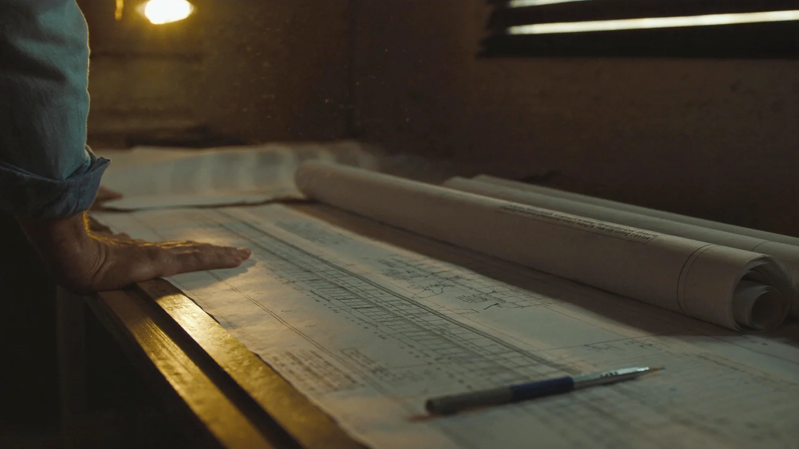 Residential floor plans and drafting tools on a desk in warm light