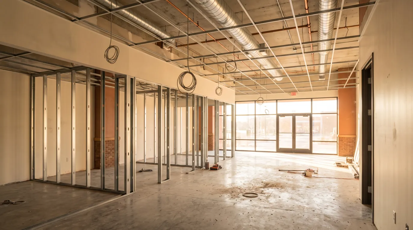 A small Arizona office suite mid tenant-improvement buildout, with new metal-stud partition walls framed for private offices, a suspended ceiling grid partially installed exposing HVAC ductwork, and warm desert daylight through storefront glass