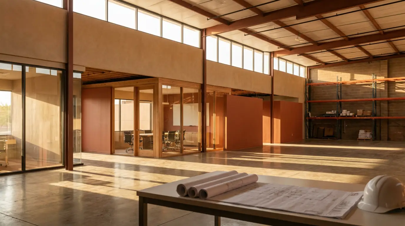 A portion of an Arizona warehouse being converted into modern offices and conference rooms, with storage racking still in place at the far end