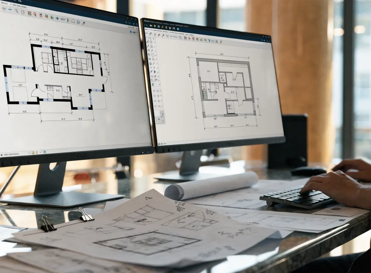 CAD workstation displaying a 2D residential floor plan