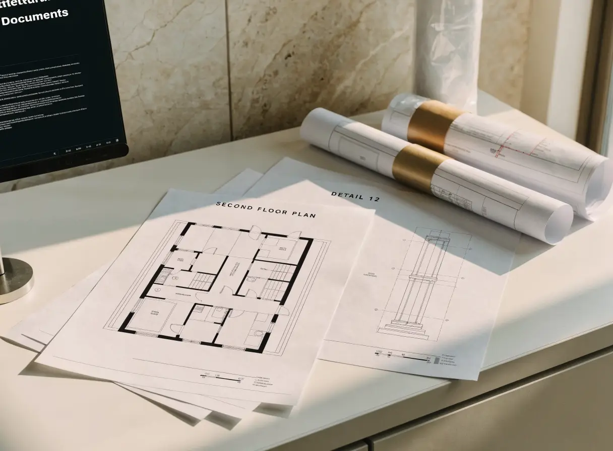 Organized construction document sheets on a desk