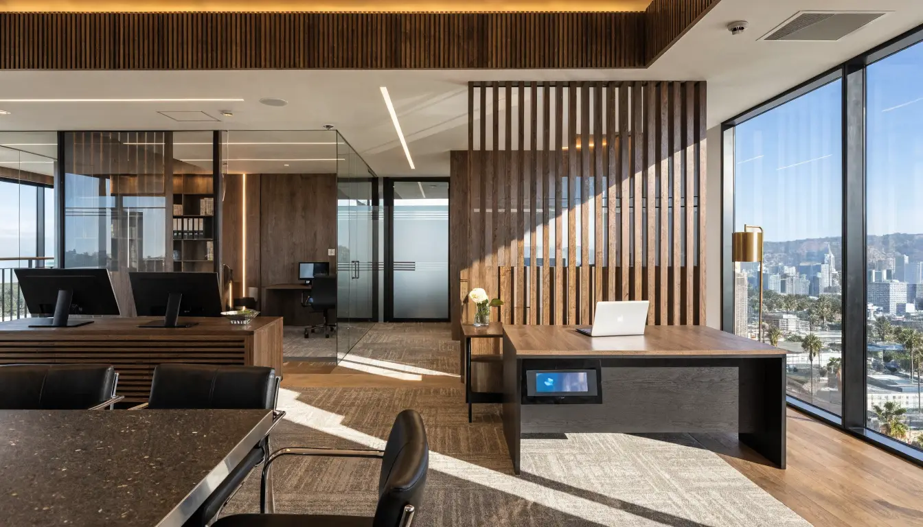 Modern commercial office tenant improvement interior with Southern California cityscape