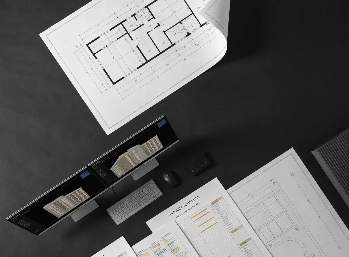 Construction document sheets on a desk
