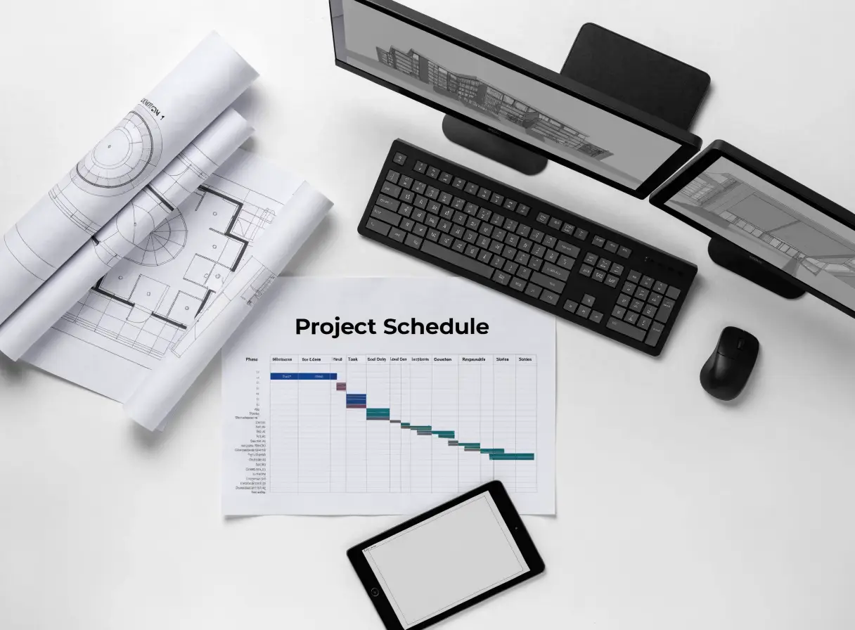 Project schedule and CAD monitors on a desk